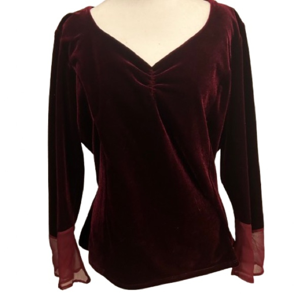 VTG Burgundy Velvet Blouse Vampire Wife Whimsigoth Dark Romantic Bell Sleeve L